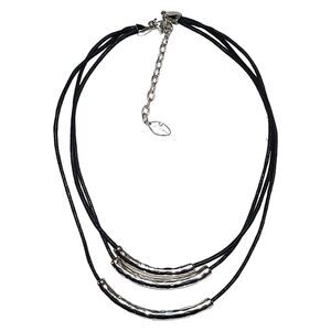 Vintage St Thomas Signed Black Leather Silver Tone Metal‎ Necklace 16"-18"